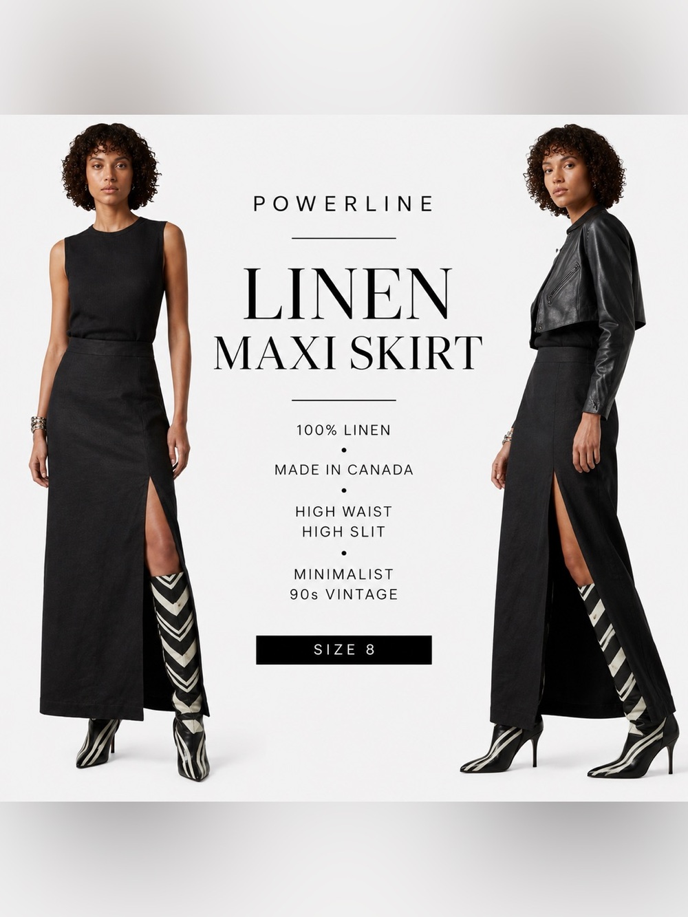 Powerline Black 100% Linen Sexy Maxi Skirt High Slit Made in Canada Size 8